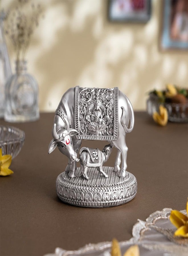 Svastika Silver-Plated Kamdhenu Cow with Calf Idol | Auspicious Vastu Remedy for Wealth & Prosperity for Weddings & Housewarming (3.5 Inch) - Image 1